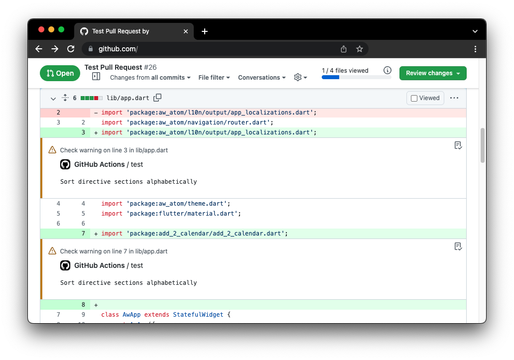 Two warning annotations for "Sort directive sections alphabetically" shown right in the Pull Request's Files changed tab.