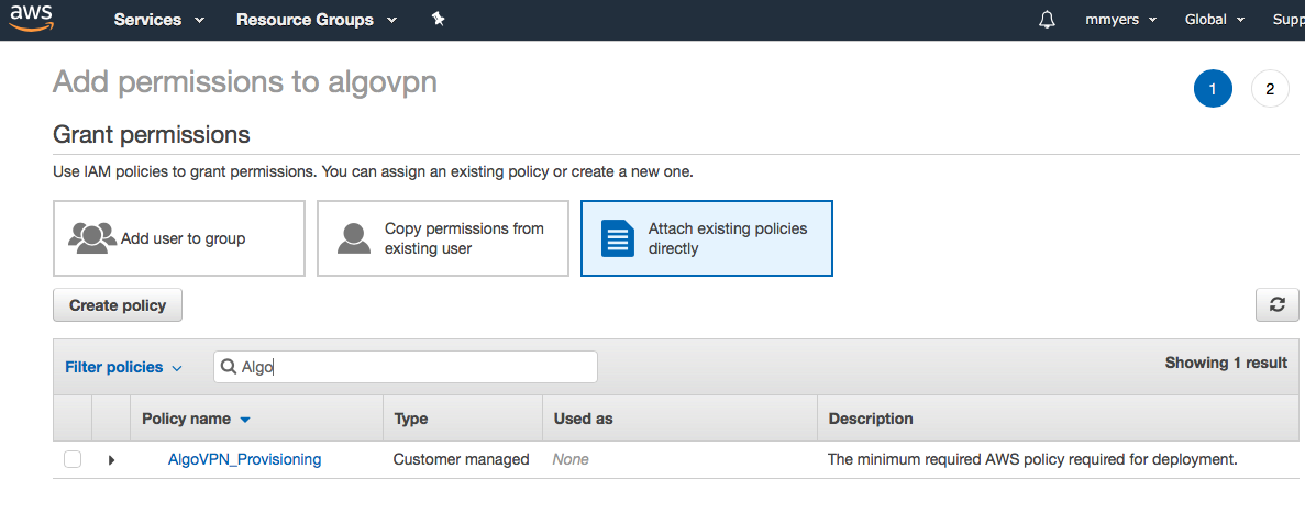 Attaching a policy to an IAM user in the AWS console.