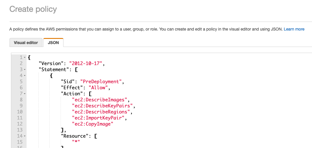 Creating a new permissions policy in the AWS console.