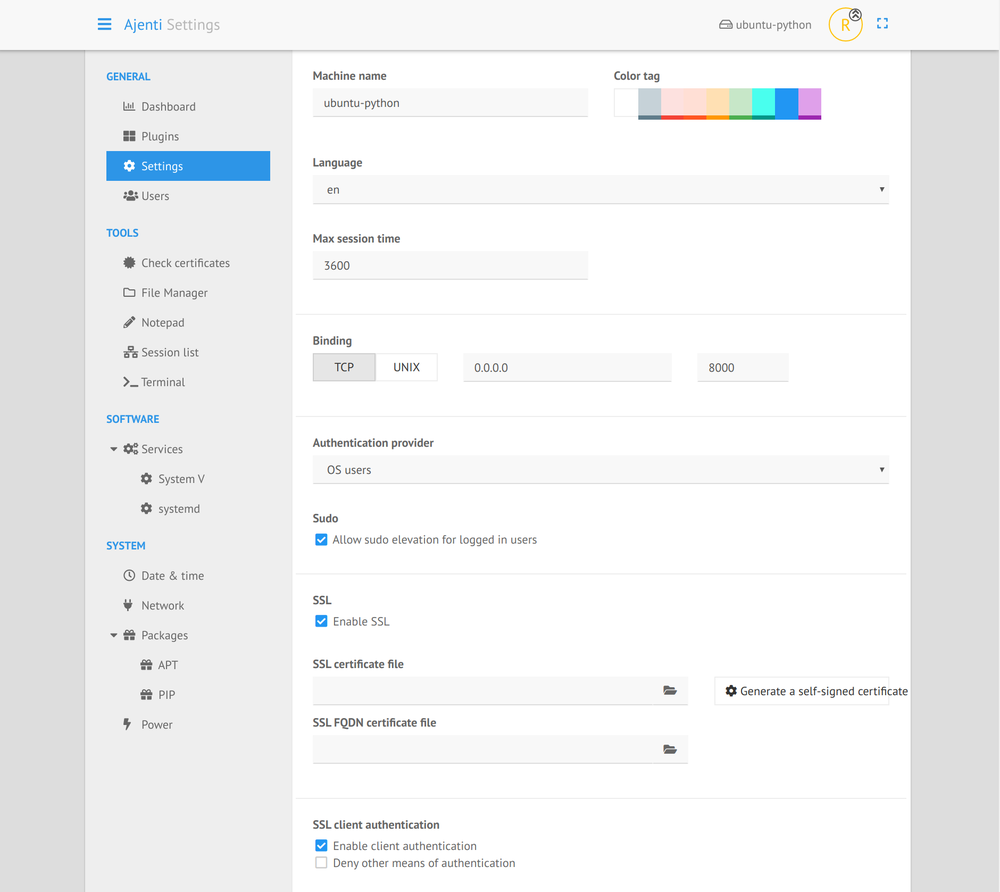Screenshot Ajenti Settings