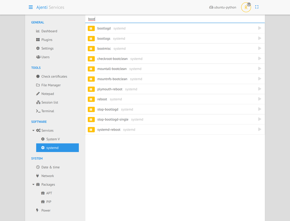 Screenshot Ajenti Systemd