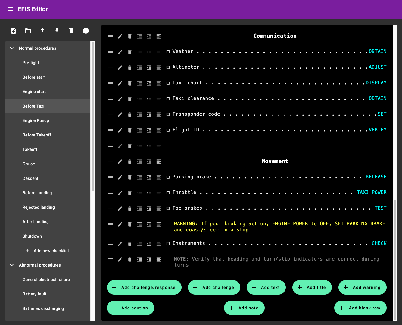 Screenshot of the checklist editor with a sample checklist displayed