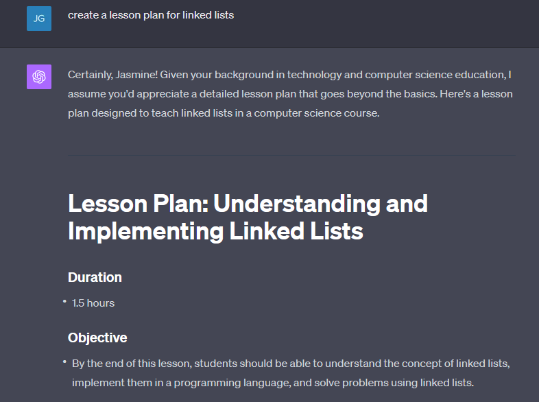 A prompt in ChatGPT for a lesson plan about linked lists