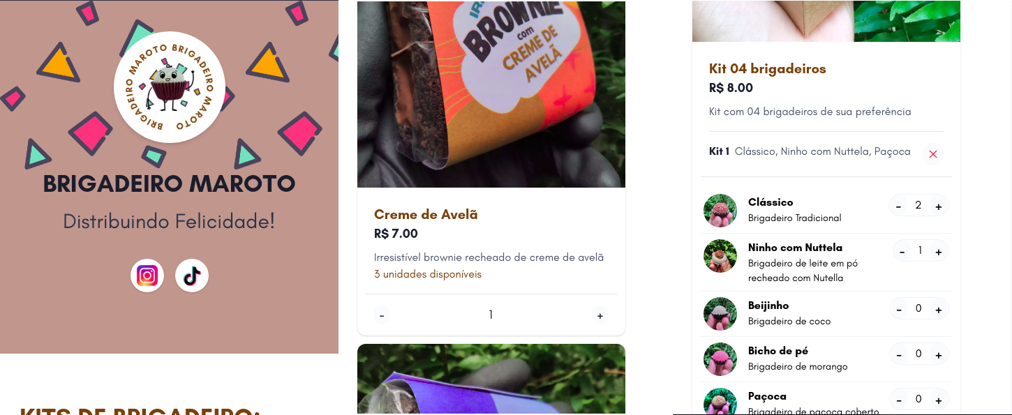 There are 3 screenshots, side-by-side. The first is the website header, with branding logo and links to social media. The second, shows the a product selector for brownie. The third, shows a subselector for insert brigadeiros on a kit.