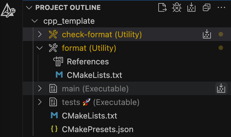 CMake's Project Outline window of Visual Studio Code