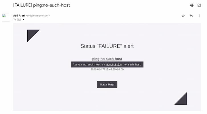 The screenshot of Ayd alert in email. You can see service status, target URL, and reason to failure. And there is button to open Status Page.