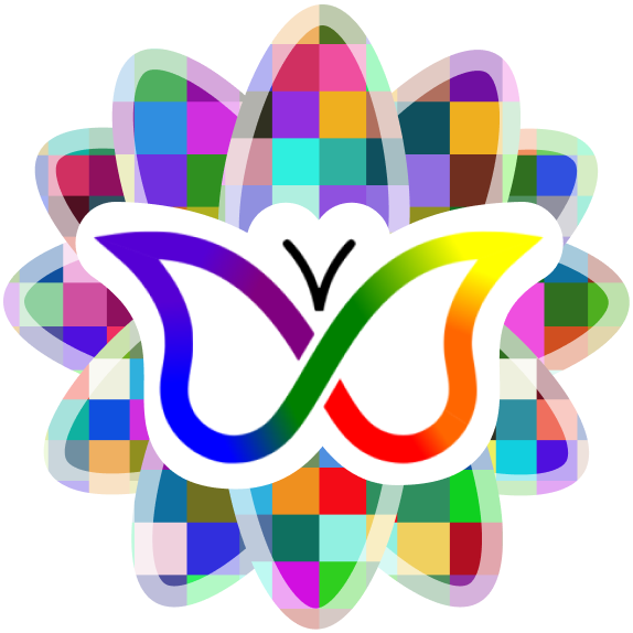 flower with petals containing randomly coloured and scaled pixelated background and rainbow ADHD butterfly in center