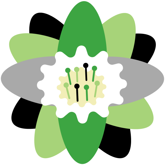 flower with dark green, green, black, grey aromanticp ride flag coloured petals and filaments on white center