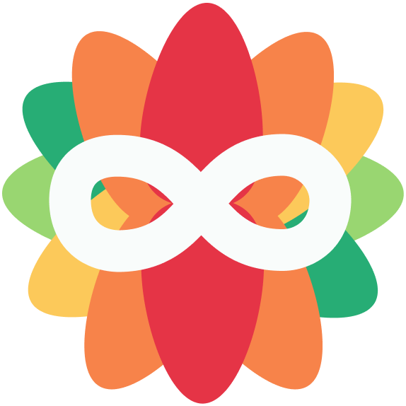 flower with red, orange, dark green, green autistic flag coloured petals and white autism infinity symbol in center