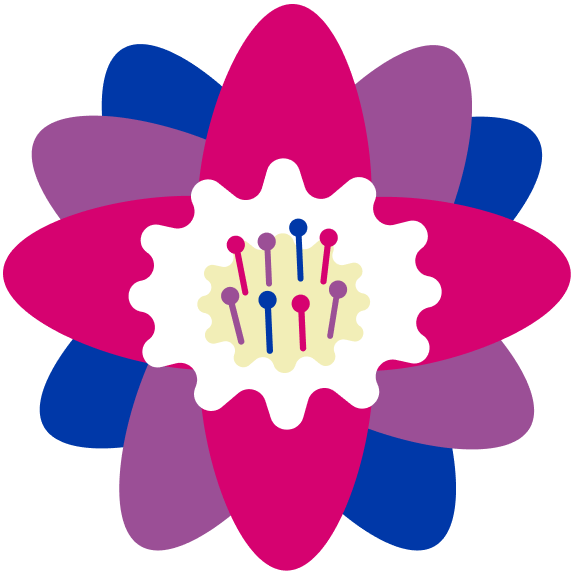 flower with pink, blue, purple bisexual pride flag coloured petals and filaments on white center