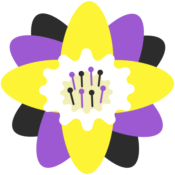 flower with yellow, purple, black non-binary pride flag coloured petals and filaments on white center