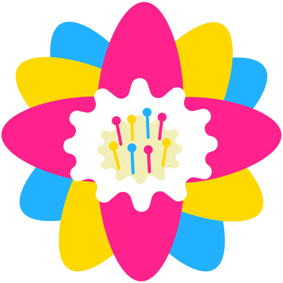 flower with pink, yellow, cyan pansexual pride flag coloured petals and filaments on white center