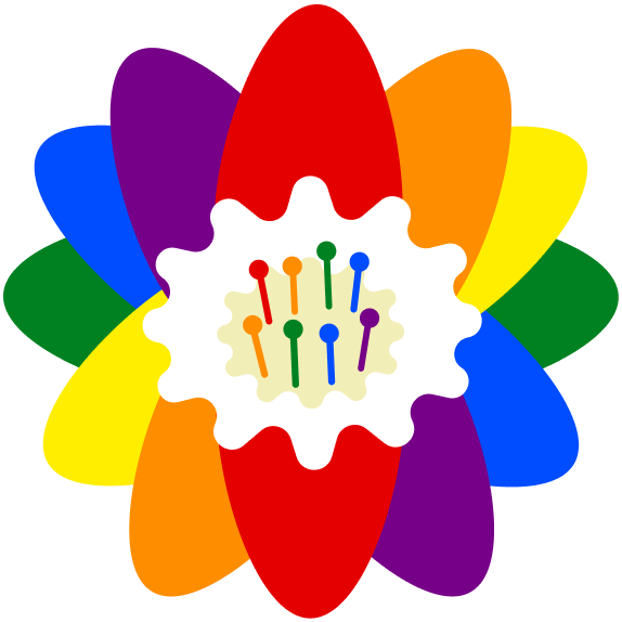 flower with red, orange, yellow, green, blue, purple rainbow pride flag coloured petals and filaments on white center