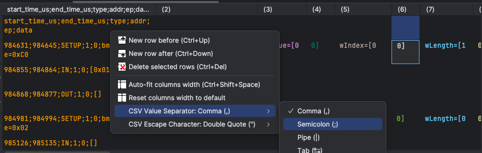 CSV output file view: separator selection