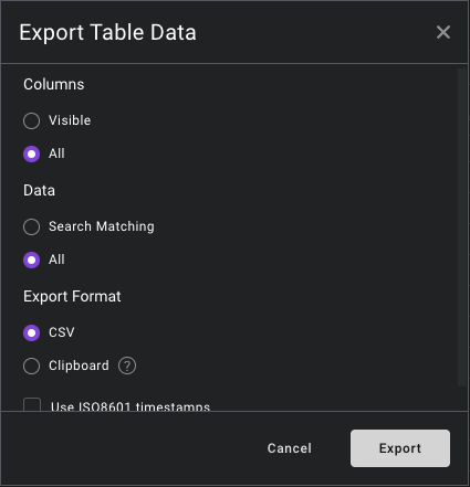 Export Table Settings