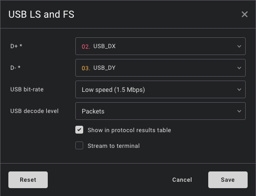 USB Analyzer Settings