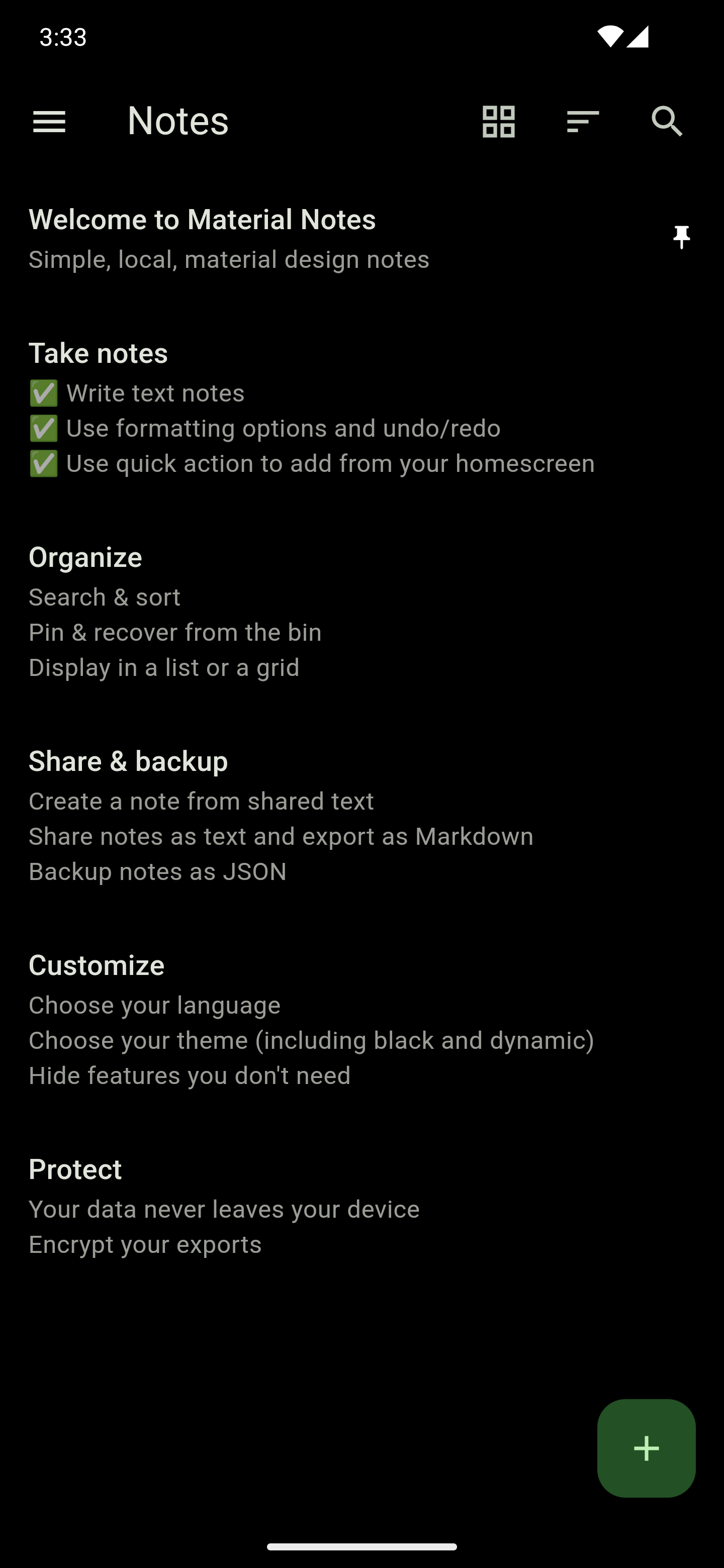 Screenshot of the notes list in the dark mode with dynamic theming