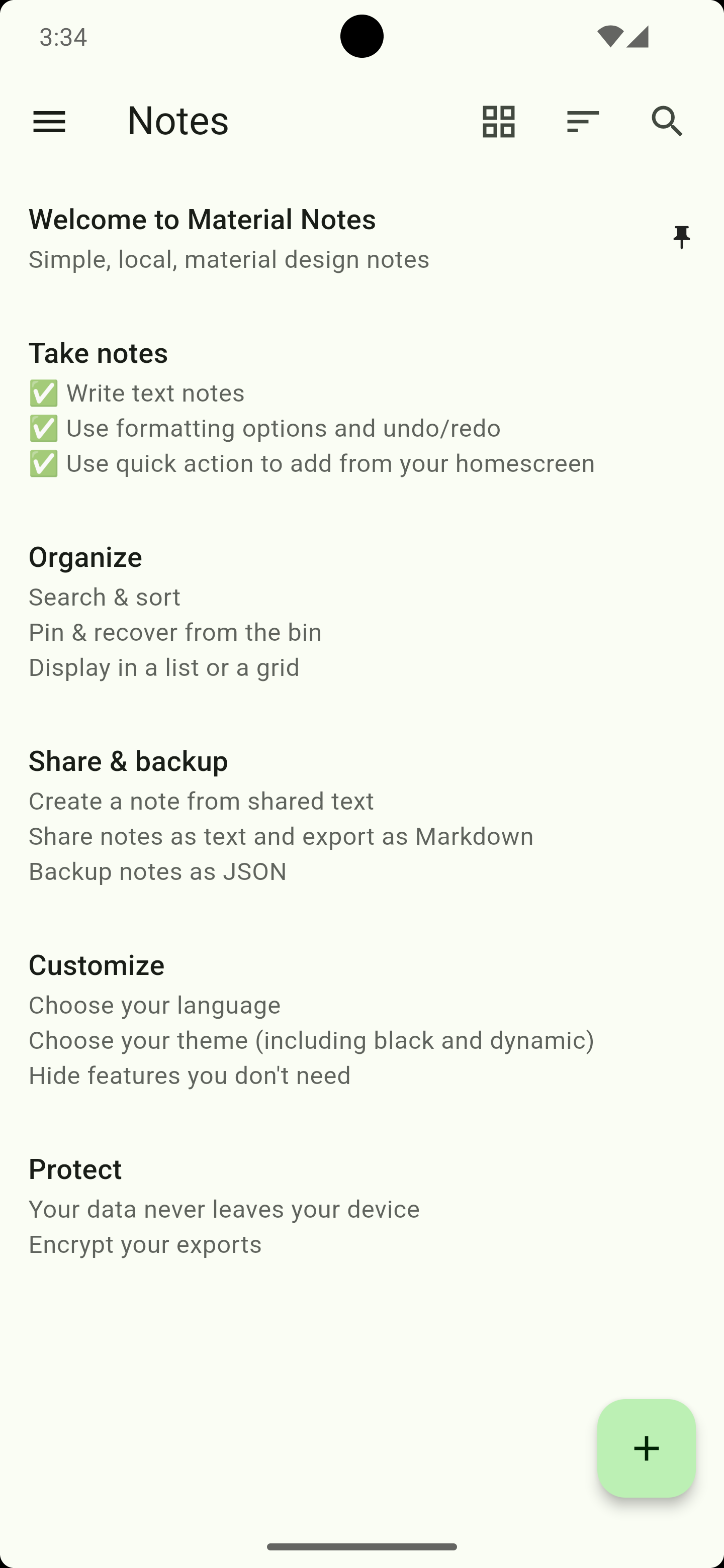 Screenshot of the notes list in the light mode with dynamic theming