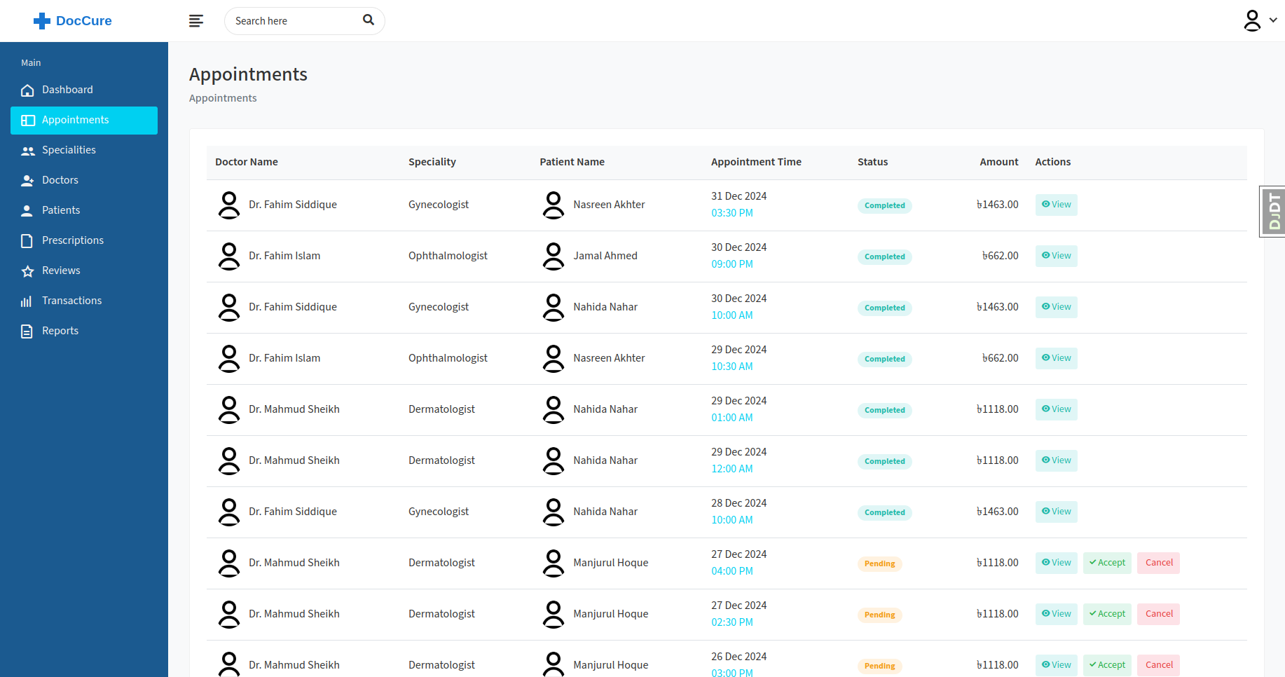 Admin appointments Page