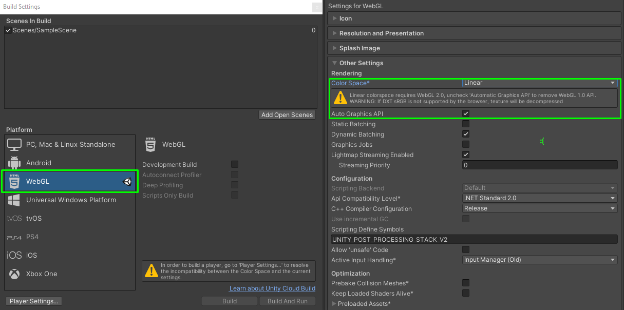 Image showing a properly selected WebGL as build target platform and a warning for using linear colour space setting in such build