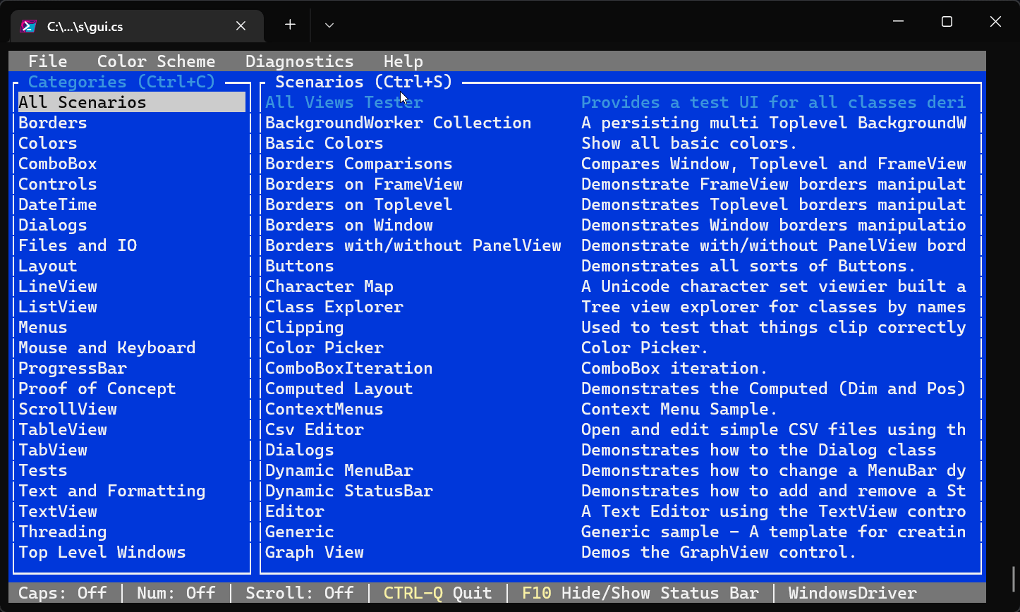 Screenshot of the framework running