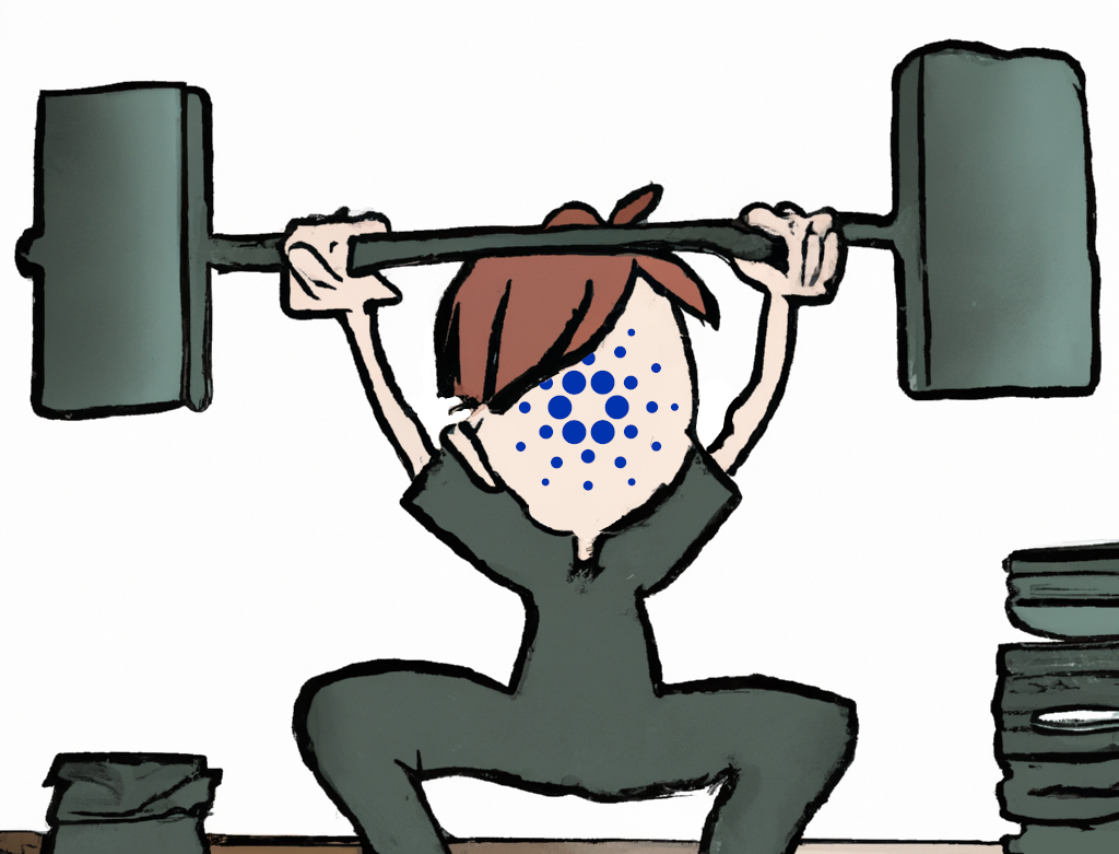 A person with the Cardano logo as face, lifting heavy weights