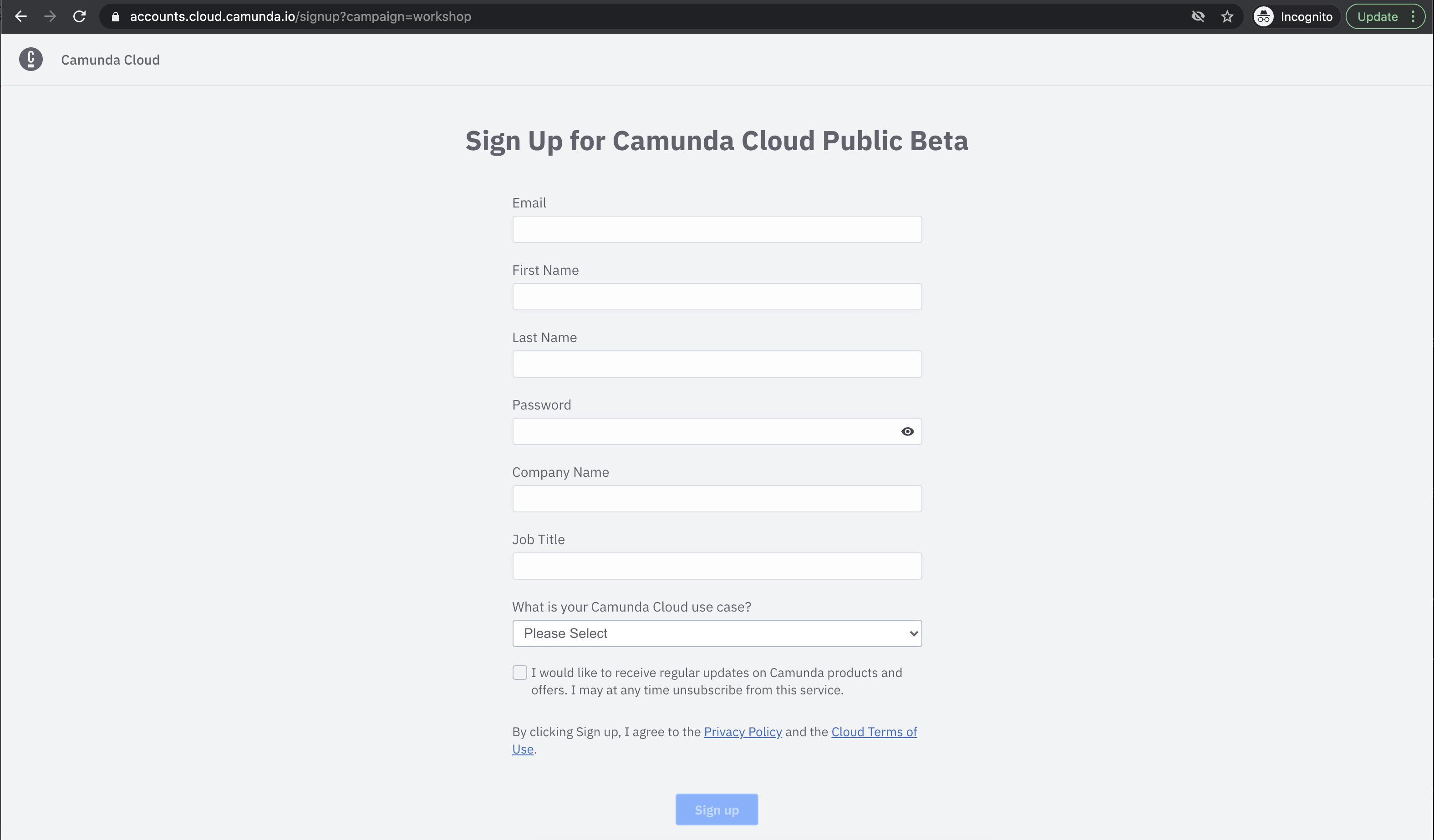 Create Camunda Cloud Account