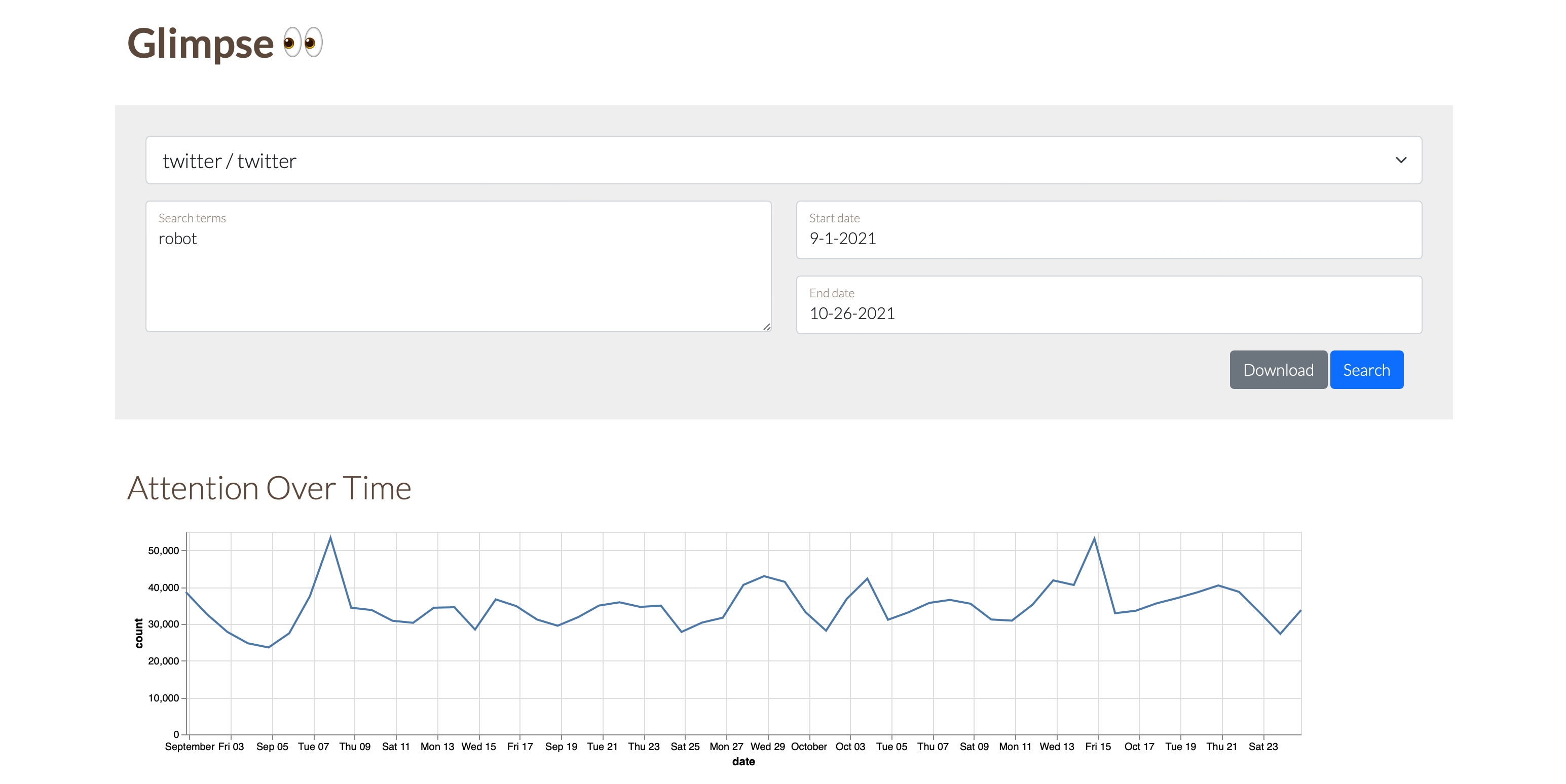 Screenshot of glimpse tool, showing query interface and one chart of results