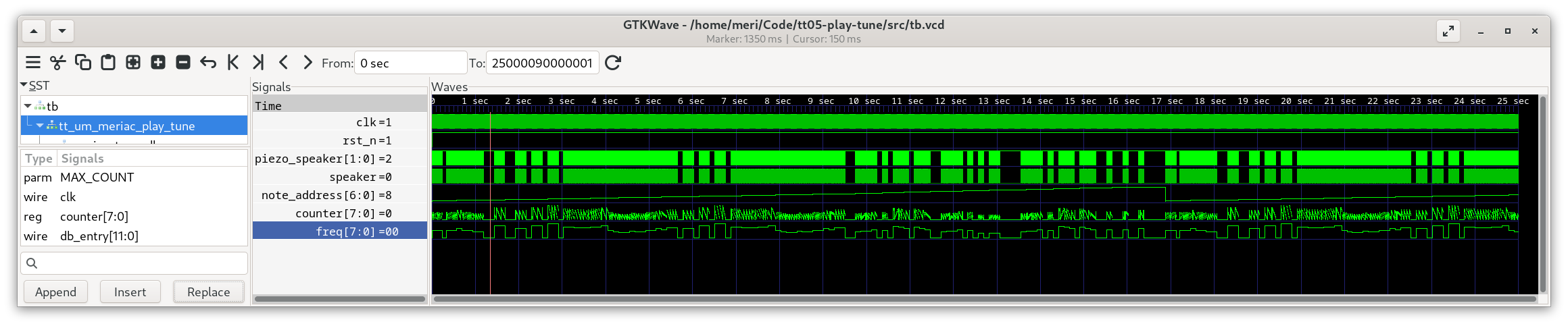 25s of Verilog simulation - showing the Waveform output