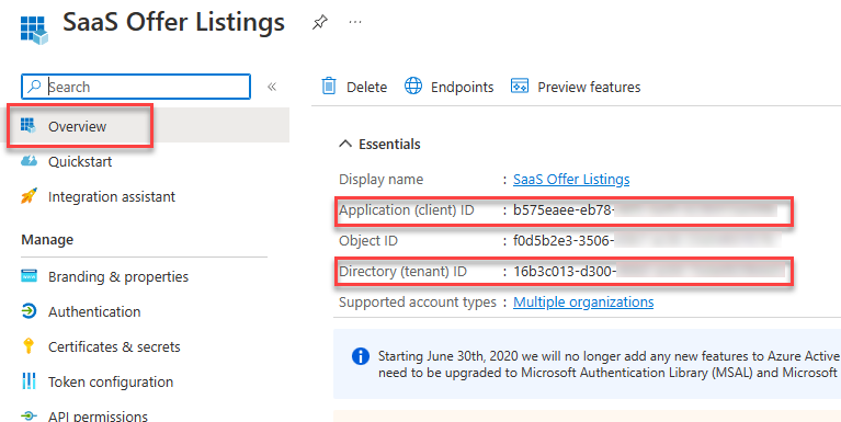 Screenshot of tenant id and app id