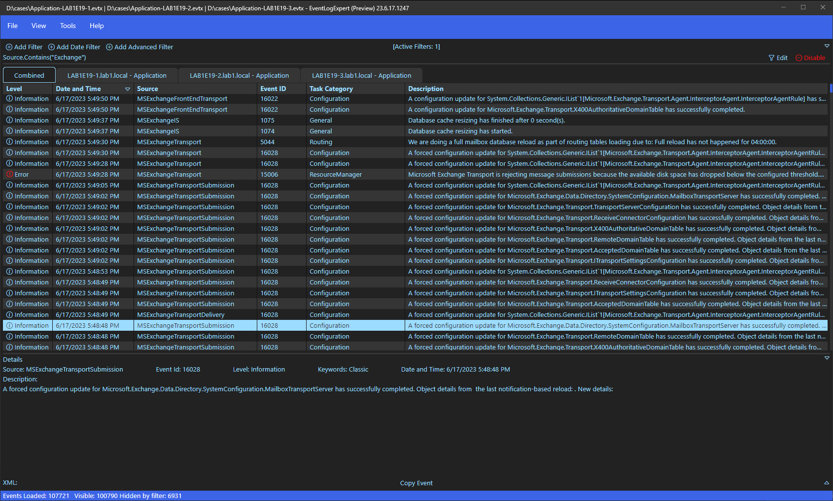 Screenshot showing a filtered combined view of three event logs