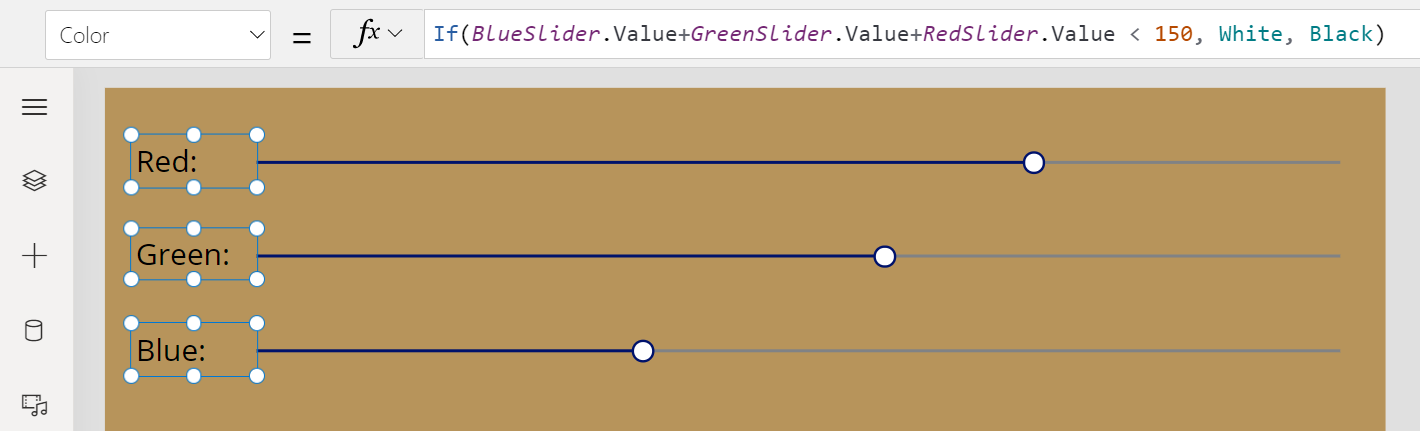 Power Apps canvas with the labels for the three slider controls selected, each with the formula Color=If(BlueSlider.Value+GreenSlider.Value+RedSlider.Value < 150, White, Black), and each of the labels showing as Black as the sliders together are beyond the 150 bright threshold.