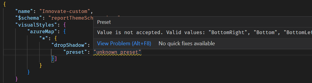 Yellow squiggly lines under an unrecognized enum value, with an error pop-up describing valid enum values for drop shadow presets