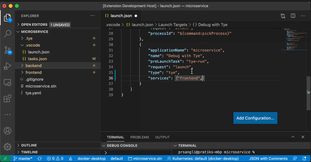 Configuring subset of services for debugging