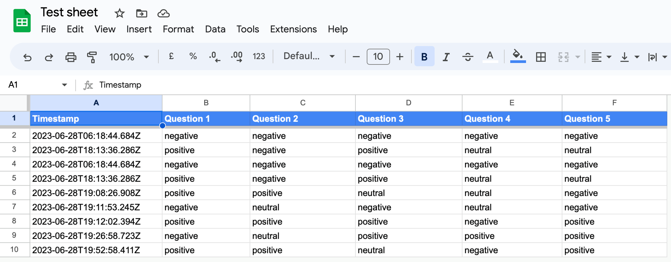 Example of responses being written to Google Sheets