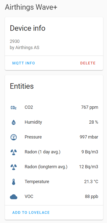 Screenshot of Airthings Device in the Home Assistant 