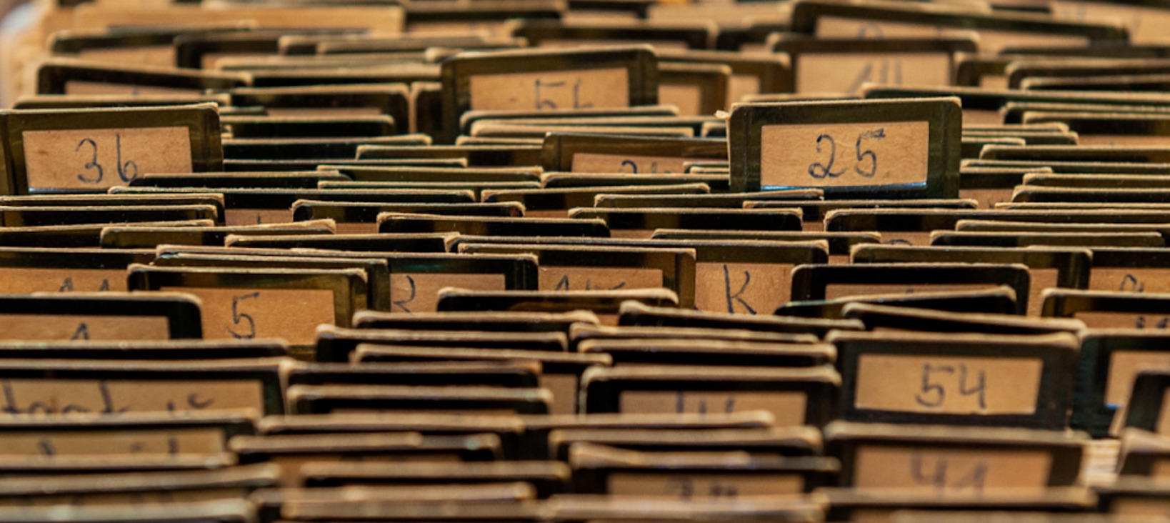 A photo of a filing cabinet with hanging folders. There are a large number of folders visible, each labeled with a number.