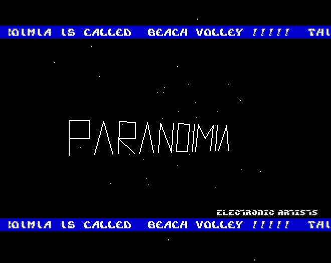 A screenshot of Paranoimia intro with the text PARANOIMIA drawn in white 3D lines on a black background with some floating stars. Above and below the 3D text are small blue bars with a scrolling text.