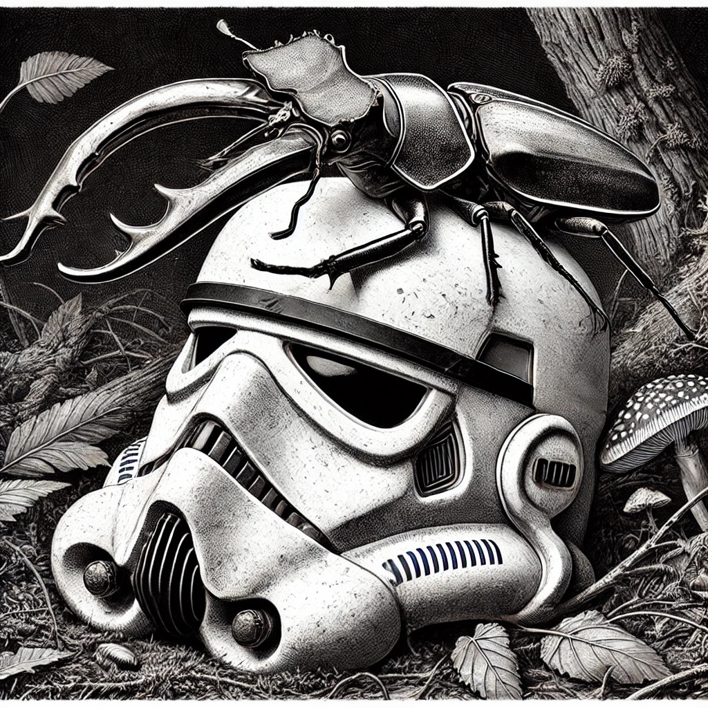 A bug sitting on top of a Stormtrooper helmet