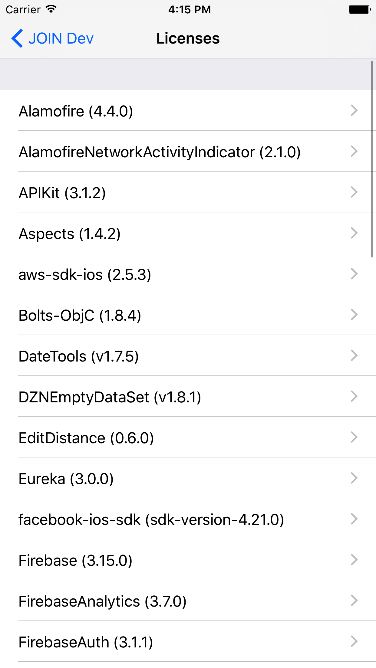 License list with versions