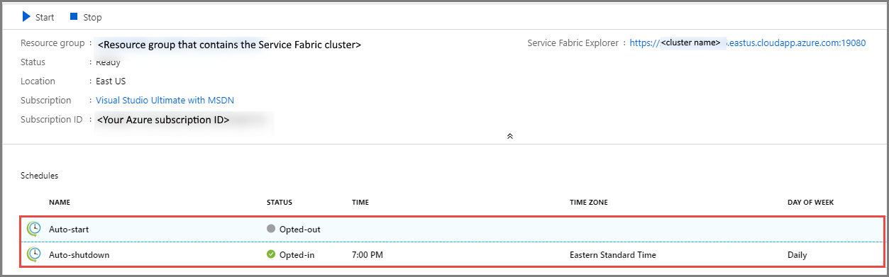 Existing schedules for auto start and auto shutdown