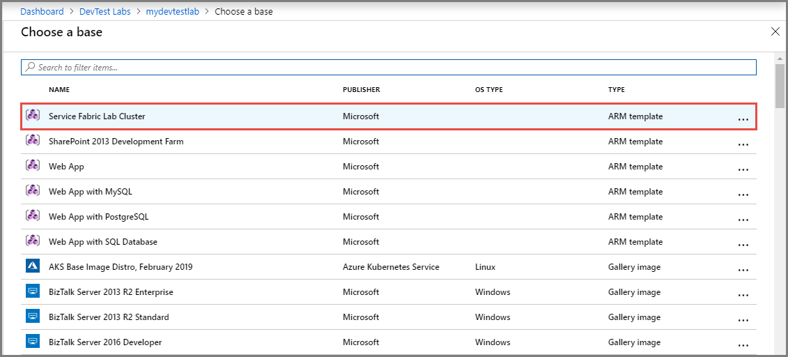 Select Service Fabric Lab Cluster in the list