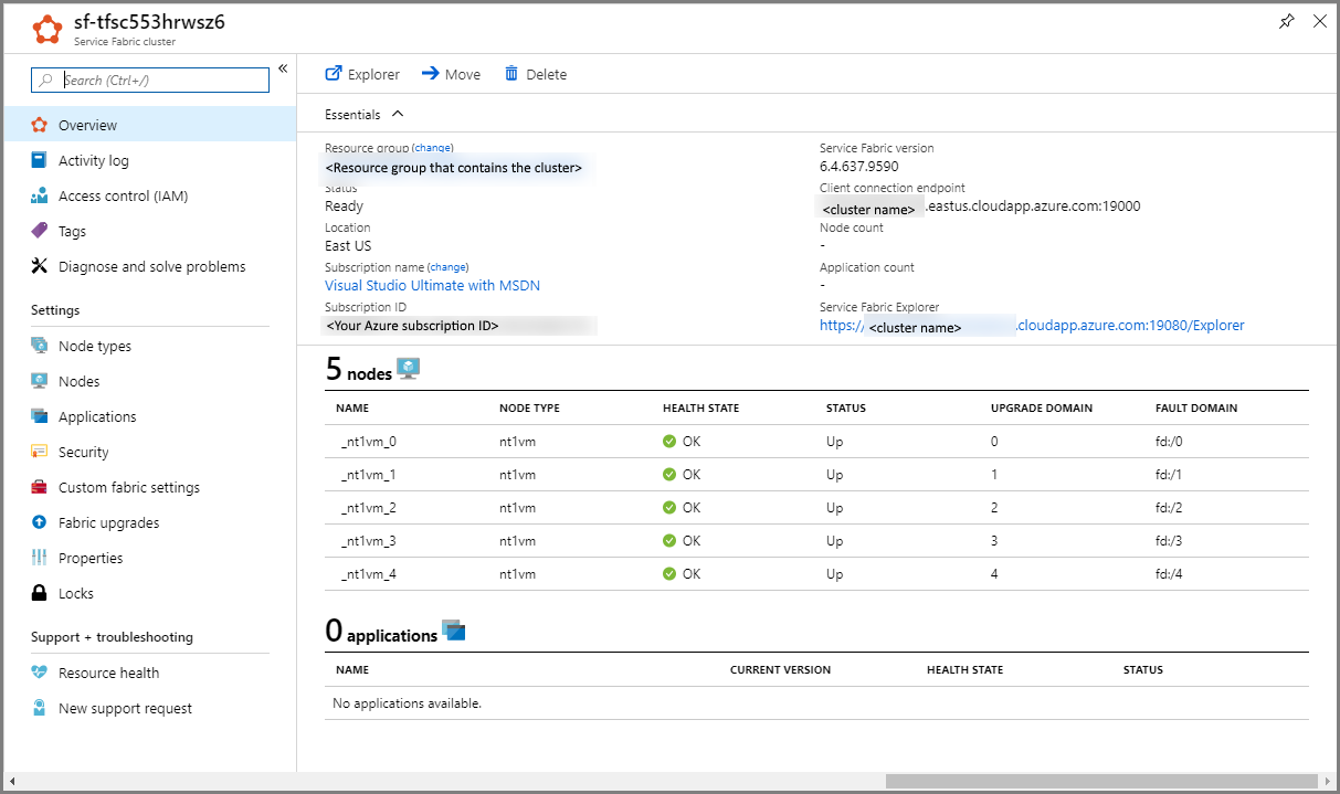 Service Fabric Cluster home page