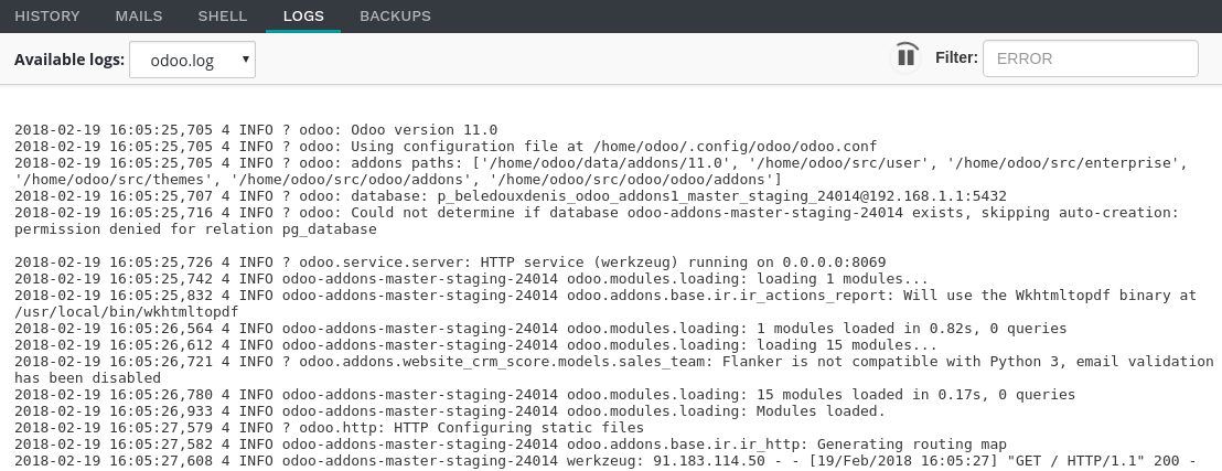 odoo.sh logs Capture