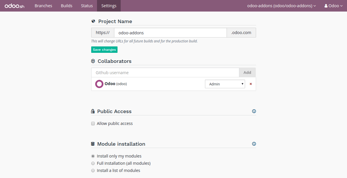 odoo.sh settings Capture