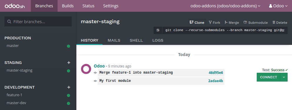 odoo.sh build staging Capture