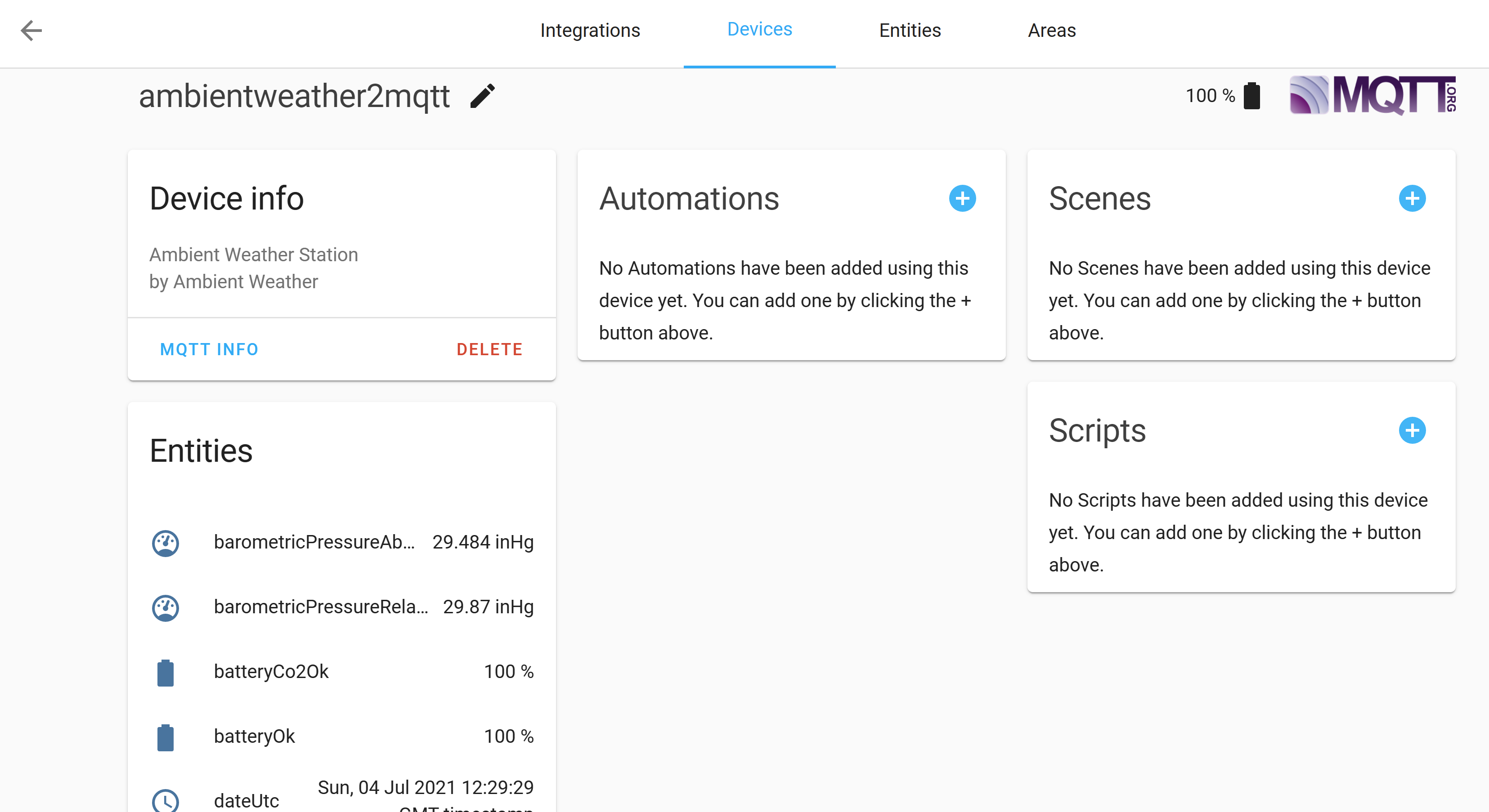 Screenshot of Home Assistant showing the ambientweather2mqtt device