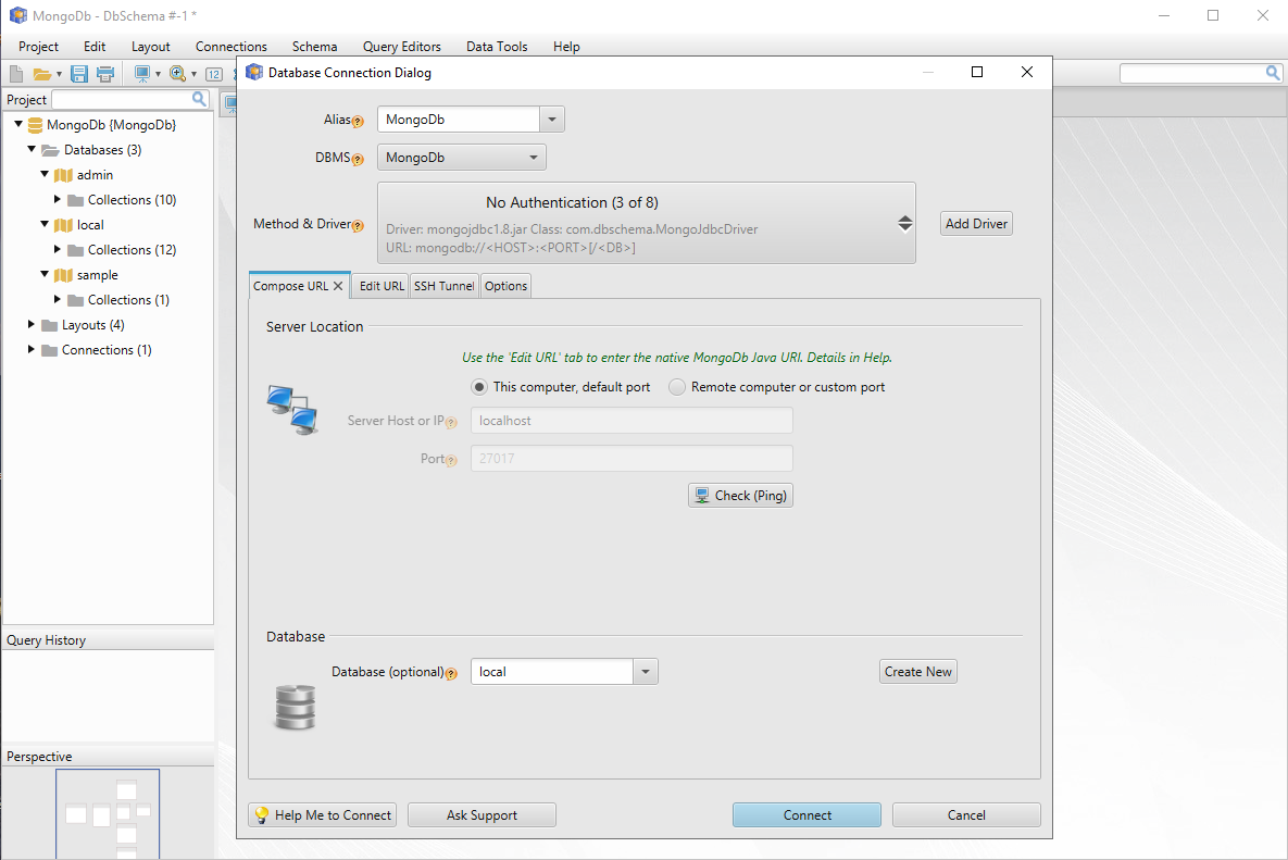 DbSchema Connection Dialog to MongoDB