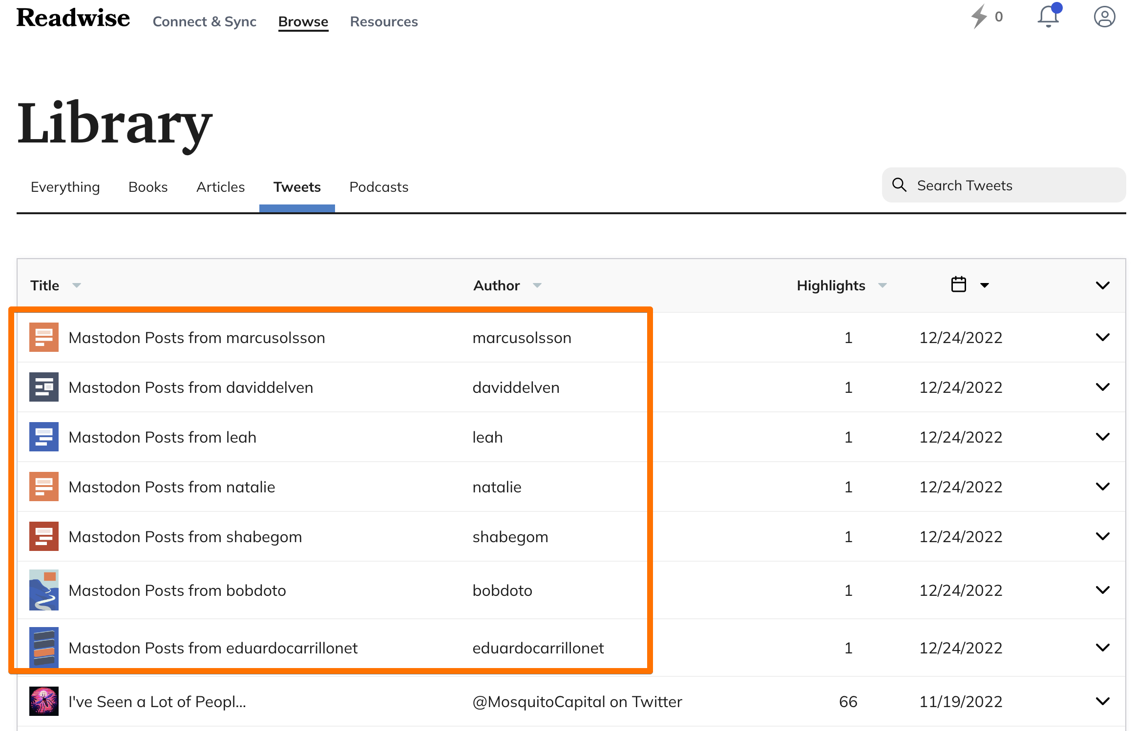 Screenshot of Mastodon posts from the Readwise Dashboard