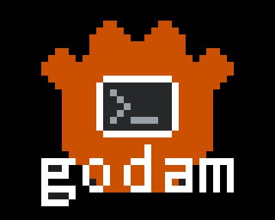 an icon of a orange pixel-art robot head, with a command line icon obscuring its face, titled 'godam' just below it